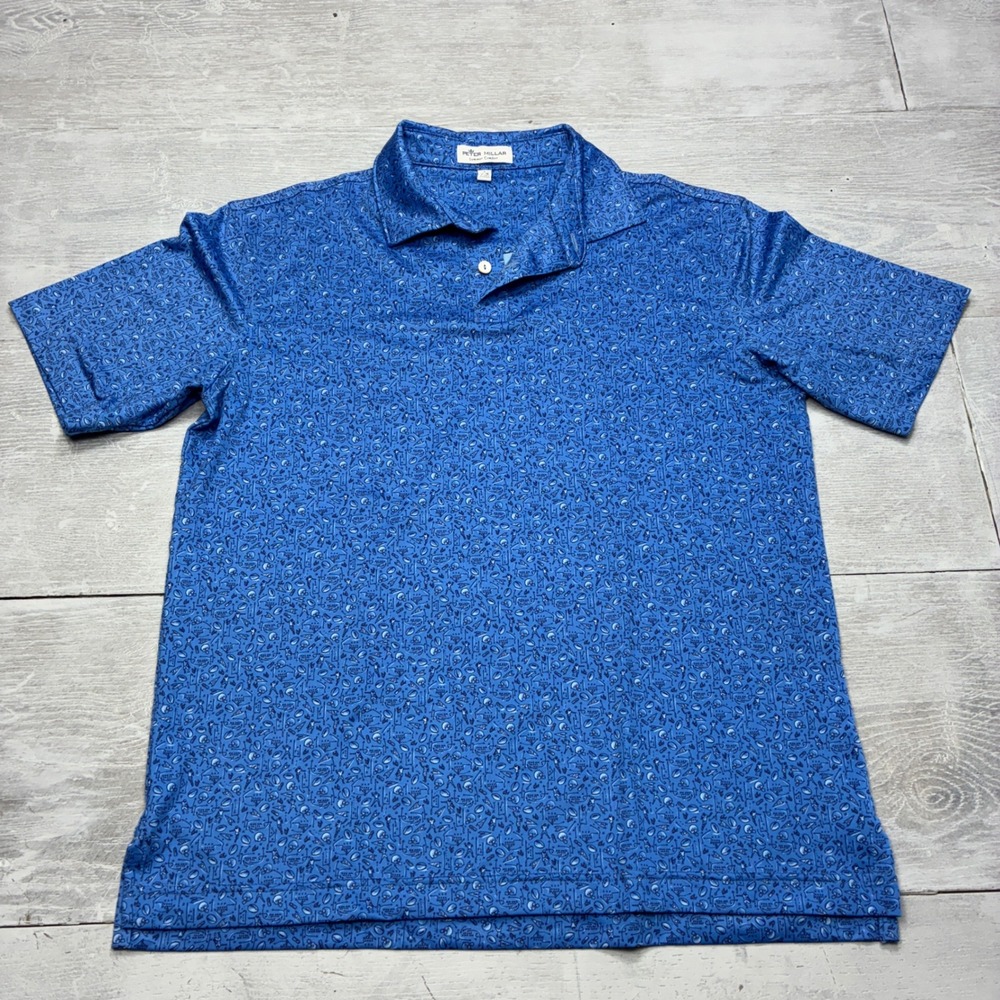 Peter Millar Polo Shirt Boys L 14-16 Blue Football Print Summer Comfort Golf Tee